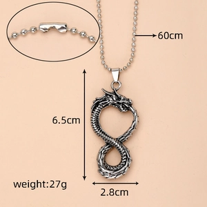 Detailed size chart of vintage dragon pendant with 60cm chain length and 27g weight