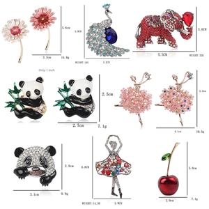 Detailed grid showing enamel animal and flower brooches with size and weight specs