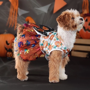 Halloween pet dress with orange mesh tutu and pumpkin print for small dogs