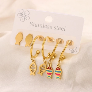 Detail of 18K gold-plated stainless steel fish earring set with colorful enamel charms