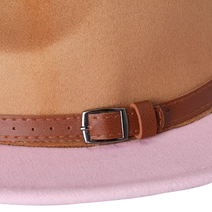 Two-tone felt fedora with camel crown, pink brim and brown leather strap detailing