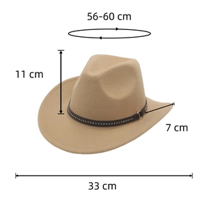 Chapeau de cowboy beige avec dimensions : tour de tête 56-60 cm et hauteur de 11 cm