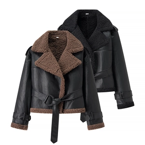 Women's faux shearling biker jacket with waist belt and warm faux fur collar coats