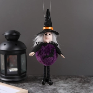 Halloween purple plush witch hanging decoration with black pointed hat and broom