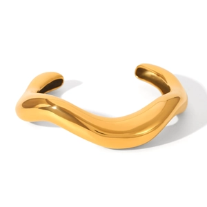 Minimalist irregular wave gold stainless steel open bangle bracelet for women