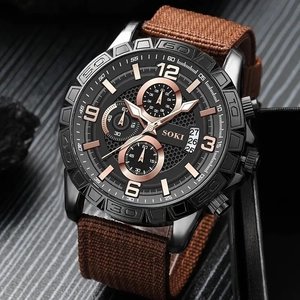 Men's SOKI quartz watch set with black dial, rose gold markers and brown canvas strap