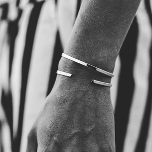 Minimalist silver stainless steel open cuff bracelet with dual-track design for men