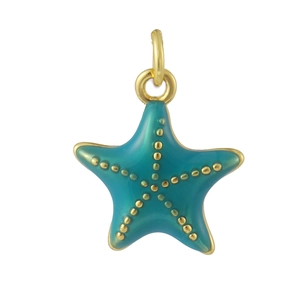 Close-up of a 18k gold-plated starfish pendant with cyan enamel and dot details