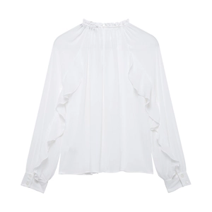 Detail view of white chiffon shirt featuring elegant ruffle trim and standing collar