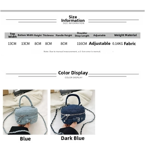 Detailed size chart for quilted sequin child handbag showing dimensions and fabric specs