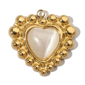Detail of a heart-shaped opal stone pendant with beaded gold-plated stainless steel frame