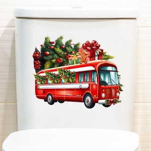 Detail of festive Christmas red bus sticker with gingerbread man on toilet tank