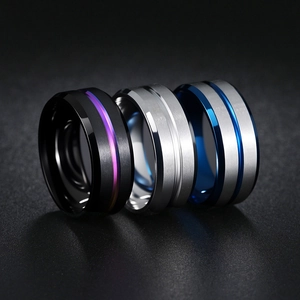 Three men's titanium steel rings in black with purple groove and brushed silver finishes