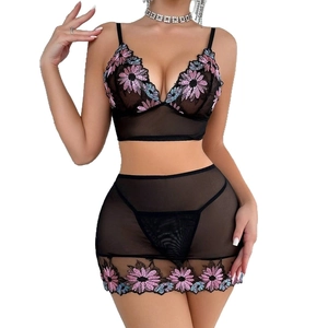 Sexy black mesh lingerie set with floral embroidery and see-through design for women