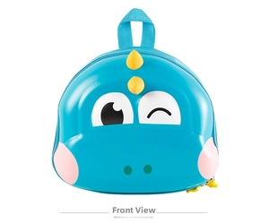 Detailed front view of a blue cartoon dinosaur eggshell backpack for children with cute scales
