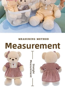 Detail view of plush teddy bear wearing red plaid overalls and measuring guide