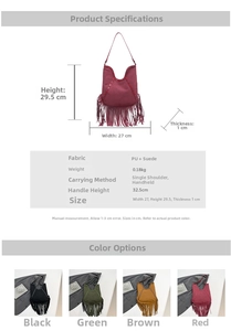 Size specifications and multi-color options for a large rivet tassel tote shoulder bag