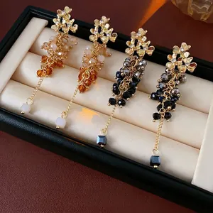 Flower Tassel Drop Earrings Alloy Rhinestone Glass Beads With Silver Earring Post Vintage Elegant Jewelry For Women