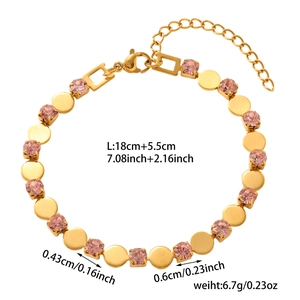 Detail of gold bracelet with pink gemstones showing size dimensions and lobster clasp