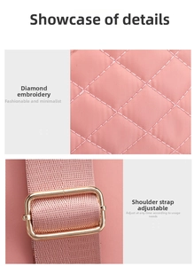 Detail view of pink nylon chest bag featuring diamond quilting and adjustable golden buckle