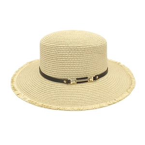 Chapeau De Paille Canotier Femme Bord Large Sommet Plat Été Plage Soleil Style Français Bord Frangé Bande Cuir Boucle Métal