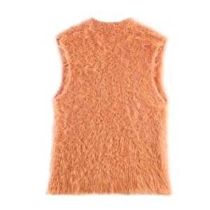 Sleeveless orange fuzzy knit vest featuring a soft textured long plush faux fur design