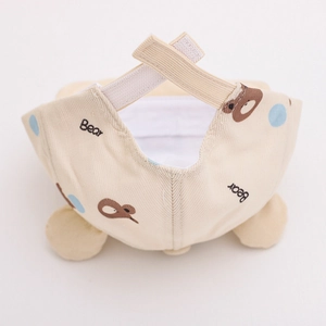 Detail view of baby bear hat adjustable strap with velcro and elastic band for comfort