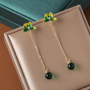 Vintage Lotus Flower Dangle Earrings Long Tassel Enamel Alloy Jewelry With Silver Earring Post Elegant For Women