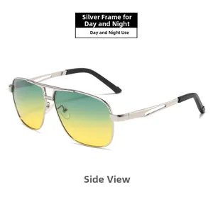 Side view of silver aviator sunglasses with gradient photochromic day and night lenses
