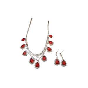 Elegant gold-tone set featuring a teardrop red rhinestone necklace and matching earrings