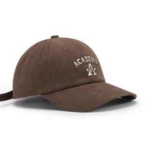 Retro coffee brown baseball cap with white Academy Of One letter embroidery and curved brim