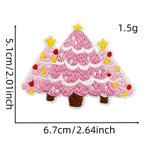Pink Christmas tree embroidery patch showing dimensions 6.7x5.1cm and 1.5g weight info