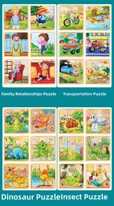 Detail view of 3D wooden block puzzles with themes of families, vehicles, and dinosaurs