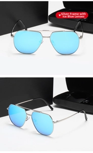 Detalle de gafas de sol aviador plateadas con lentes de espejo azul hielo y montura metálica