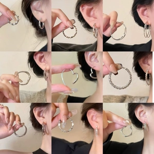 Silver Color Hoop Earrings Geometric Rhinestone Heart Square Alloy Jewelry With Silver Earring Post For Women