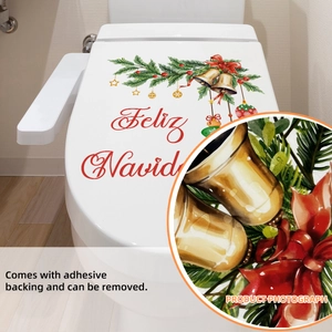 Christmas toilet lid sticker featuring festive wreath, bells, and Feliz Navidad text decor