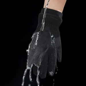 Close-up of waterproof black cycling gloves with touchscreen tips and sport text