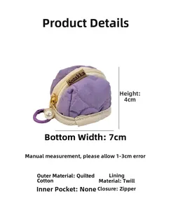 Detailed view of cute purple quilted cotton mini pouch with dimensions and materials