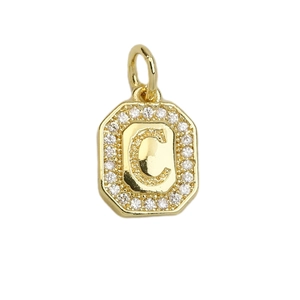 Detail view of 18k gold plated octagonal pendant with letter C and sparkling zircons