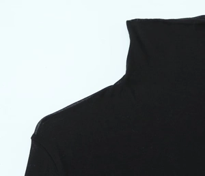 Detail of high neck stitching and fine knit texture on the long sleeve black shirt