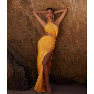 Elegant one shoulder cutout satin maxi dress in golden yellow for party and resort wear