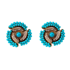 Vintage bohemian flower stud earrings with turquoise beads and sparkling rhinestones