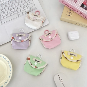 Portable Fabric Earphone Case Storage Pouch With Snap Button Hook Floral Bear Pattern Protective Cover Wireless Earbuds