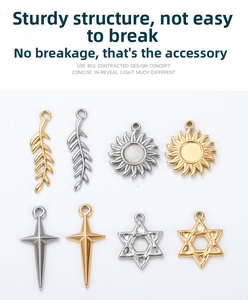 Detailed view of stainless steel pendants in sun, cross, leaf, and star shapes