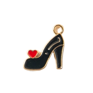 Black enamel high heel pendant with red heart and gold alloy trim charm for DIY