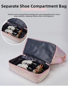 Detail view of large travel bag with a separate bottom shoe compartment for organization