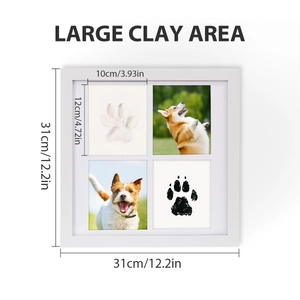 Frontal view of a white DIY pet paw print frame with four grids for photos and clay