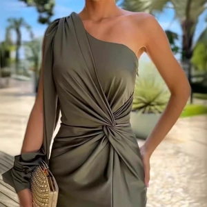 Olive green one shoulder satin dress with waist twist detail and long sleeve slim fit