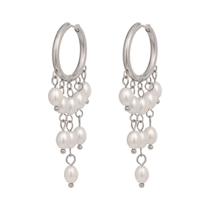 Detailed view of silver stainless steel earrings with three-layer white pearl tassels