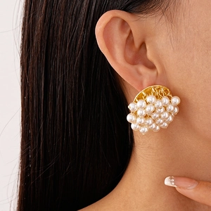 French vintage style large faux pearl cluster stud earrings for elegant women